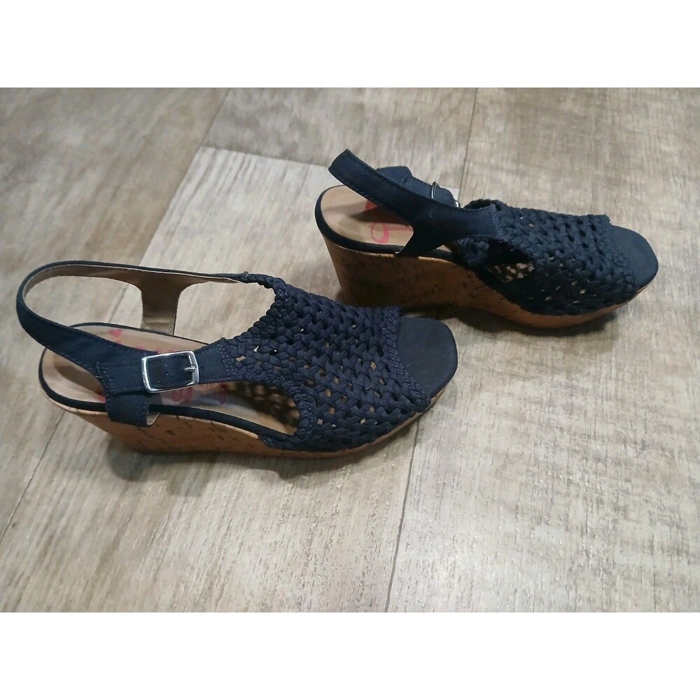 Jellypop Dark Blue Crochet Cork Wedge Sandal Heel Women's Size 7.5 M Boho Resort
